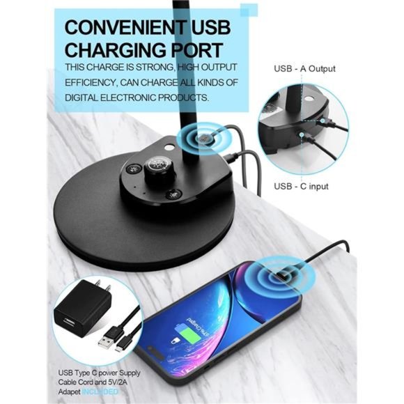 LED Desk Lamp with USB Charging Port 3 Color Modes Dimmable Reading Light - Picture 4 of 6
